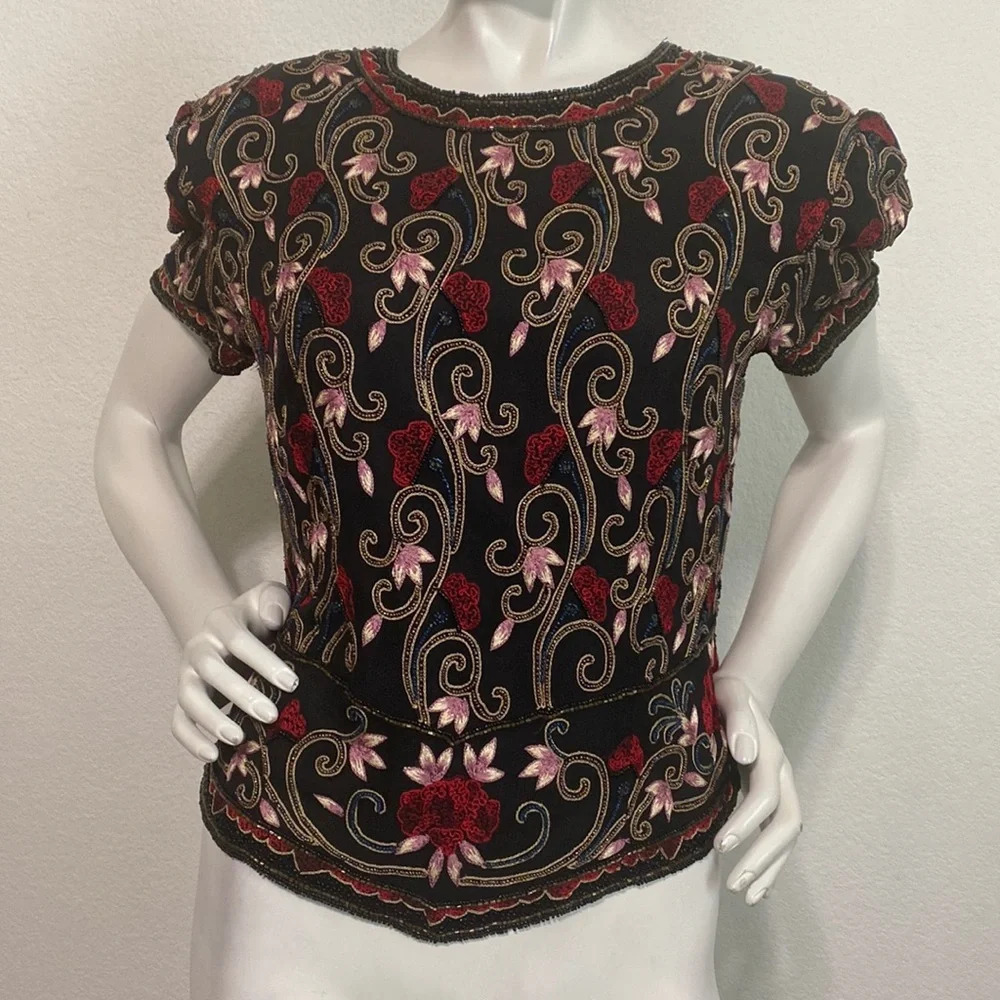 Papell Boutique Vintage Evening Romantic Floral Beaded Embroidered Blouse Size L